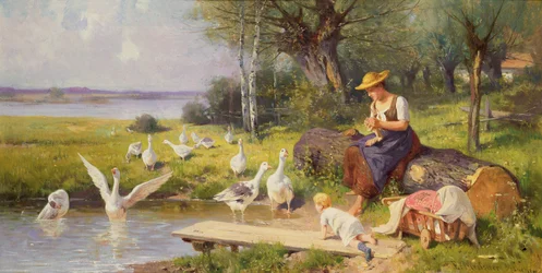 Mutter und Kind mit Gänsen